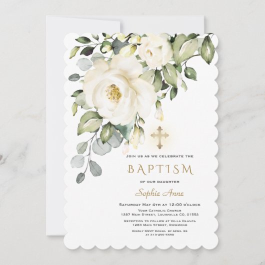 Delikate weiße Blume Goldkreuz-Taufe Einladung (Vorderseite)