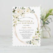 Delikate Weiße Blume Mädchen 1. Geburtstag Taufe Einladung (Stehend Vorderseite)