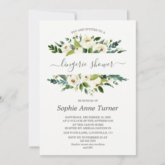 Delikate weiße Blütenkalligraphie Lingerie Dusche Einladung (Vorderseite)