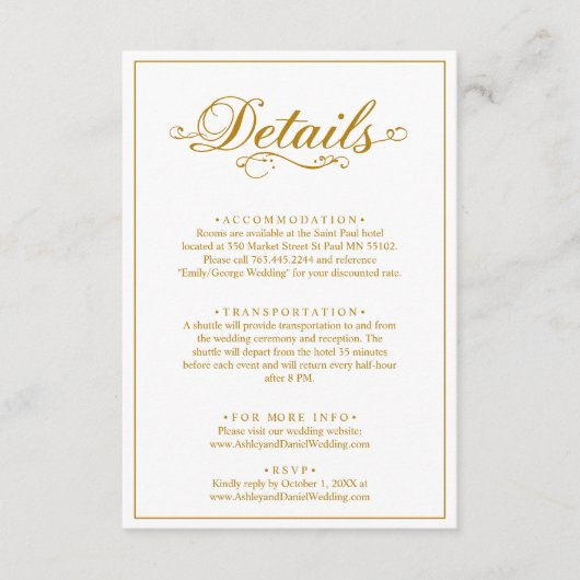 Delikate, weiße und goldene Script einfache Hochze Begleitkarte (Vorderseite)