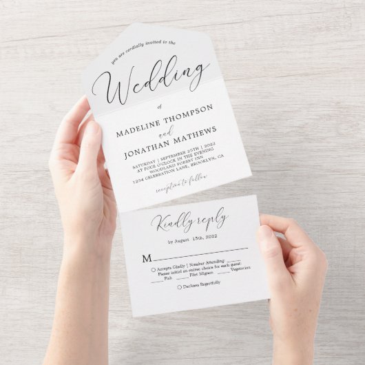Delikate White Black Minimal Calligrafy Wedding All In One Einladung (Abreißen)