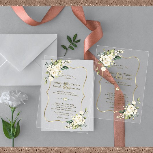 Delikate White Blume Gold Wedding Acryleinladungen
