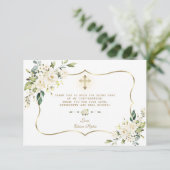 Delikate White Floral Gold Cross Girl Bestätigung Dankeskarte (Stehend Vorderseite)