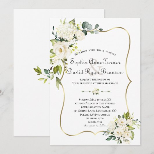Delikate White Roses Hydrangea Gold Wedding Einladung (Vorne/Hinten)