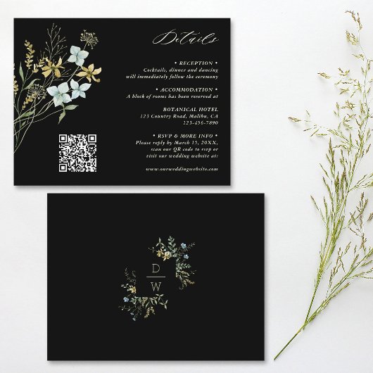 Delikate Wildblume Boho Wedding Black Details Begleitkarte