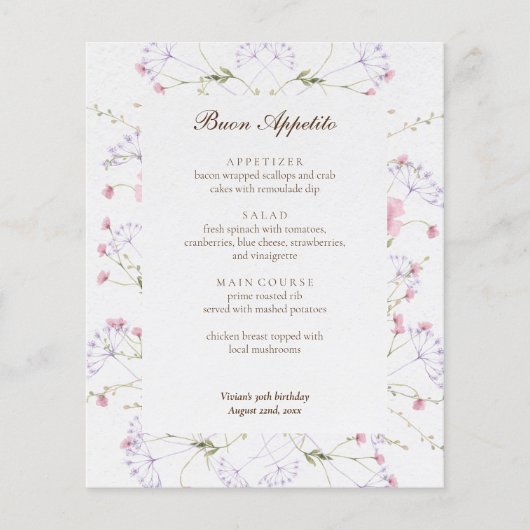 Delikate Wildblume Calligrafy Cream Event Menu (Vorderseite)