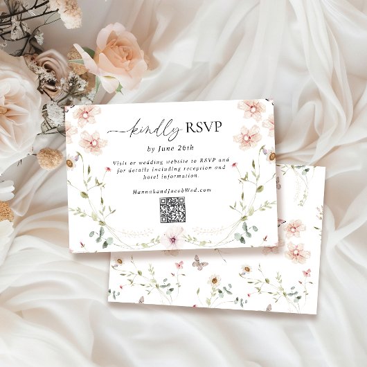 Delikate Wildblume Hochzeit QR-Code RSVP Karte