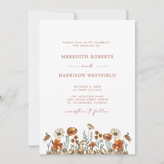 Delikate Wildblumen Herbst Einfach Hochzeit Einladung (Vorderseite)
