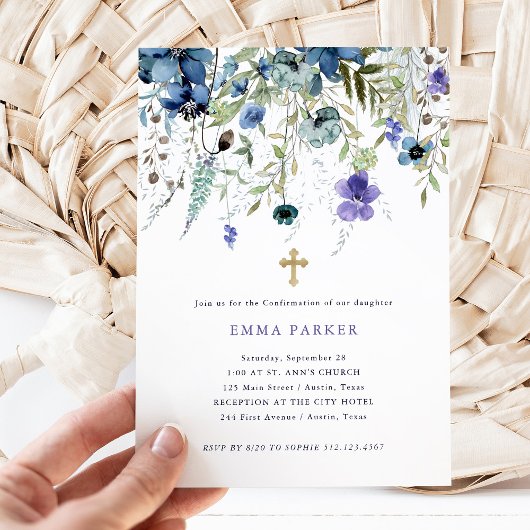 Delikate Wildblumen Lila und Blue Confirmation Einladung