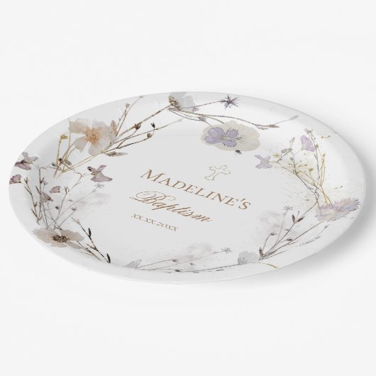 delikate Wildblumen töten Taufe Pappteller (Schrägansicht)