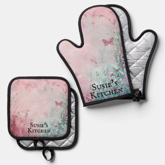 Delikate Wildblumen und Schmetterling Personalisie Ofenhandschuh & Topflappen-Set (Vorderseite/Rückseite)