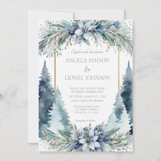 Delikate Winter Blume Pine Trees Hochzeit Einladung (Vorderseite)