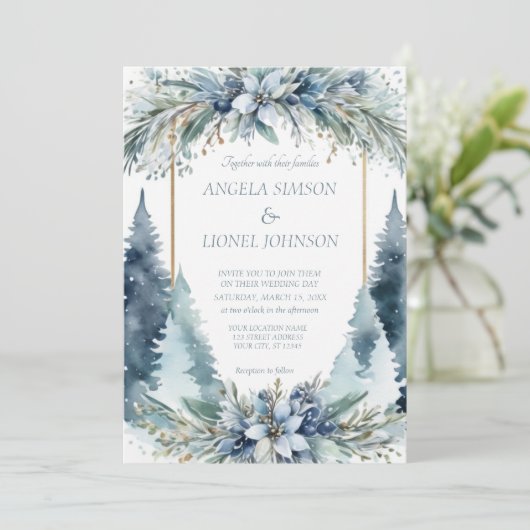 Delikate Winter Blume Pine Trees Hochzeit Einladung (Stehend Vorderseite)