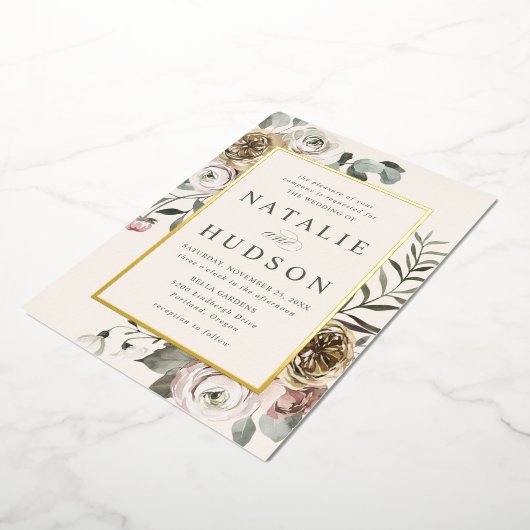 Delikate Winter Floral Frame Wedding Folieneinladung (Gedreht)