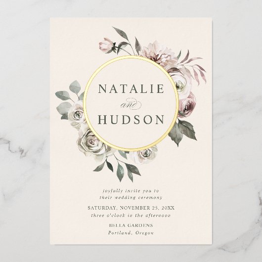 Delikate Winter Floral Frame Wedding Folieneinladung (Vorderseite)