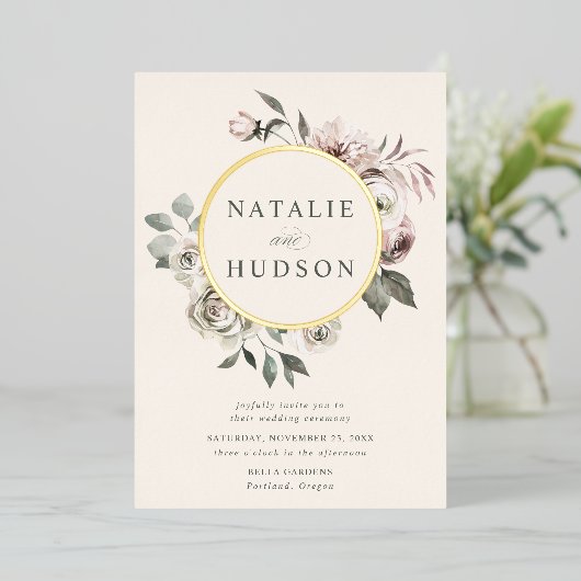 Delikate Winter Floral Frame Wedding Folieneinladung (Stehend vorne)