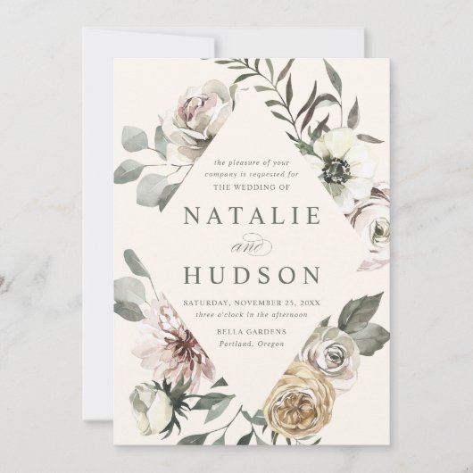 Delikate Winter florale Rahmen Elfenbein Hochzeit Einladung (Vorderseite)