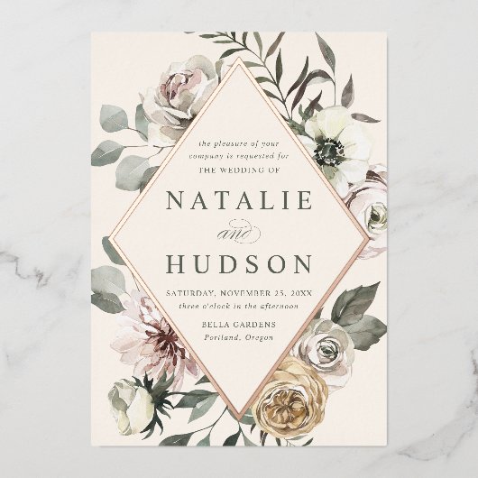 Delikate Winter florale Rahmen Elfenbein Hochzeit Folieneinladung (Vorderseite)