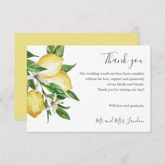 Delikate Zitrusfrüchte und Blätter grün Hochzeit v Dankeskarte (Vorne/Hinten)