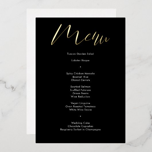 Delikates Black Calligraphy Script Wedding Menu Folieneinladung (Vorderseite/Rückseite)