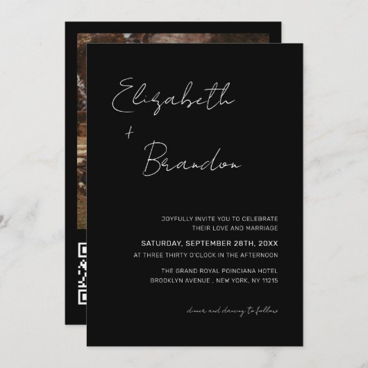 Delikates Black & White QR Code UAWG Wedding Foto Einladung (Vorne/Hinten)