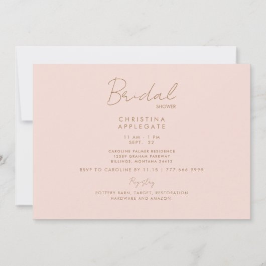 Delikates Blush & Gold Text Brautparty Einladung (Vorderseite)
