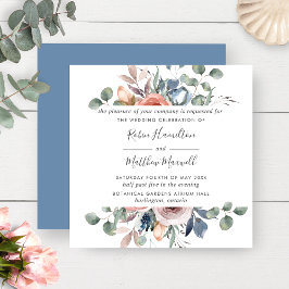 Delikates Dusty Blue and Peach Blush Floral Weddin Einladung