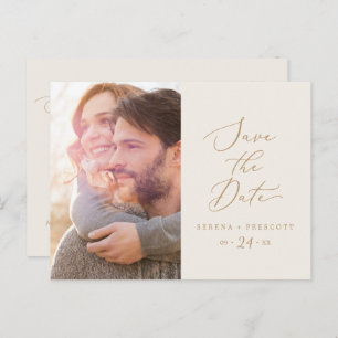 Delikates Foto aus Gold und Creme Save the Date Einladungspostkarte