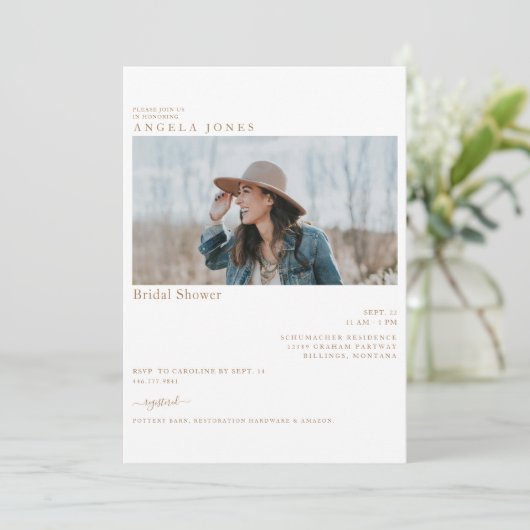 Delikates Foto-Brautparty mit weißem Goldtext Einladung (Stehend Vorderseite)