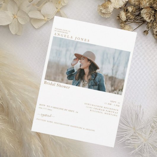 Delikates Foto-Brautparty mit weißem Goldtext Einladung