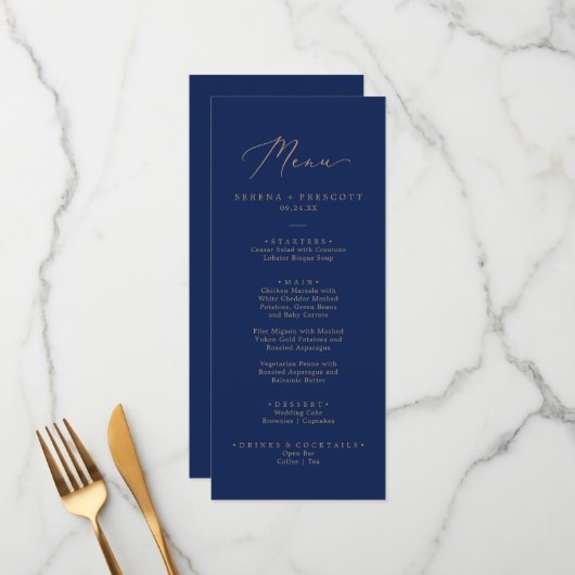 Delikates Gold Calligraphy Navy Hochzeitmenü Menükarte (Vorderseite/Rückseite Beispiel)