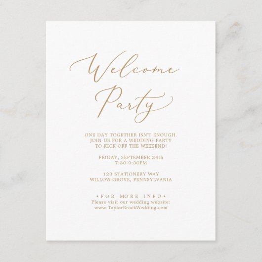 Delikates Gold Calligraphy Wedding Welcome Party Begleitkarte (Vorderseite)
