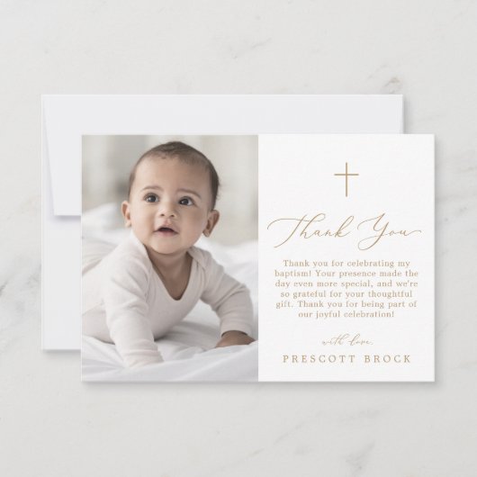 Delikates Gold Foto Minimal einfache Cross-Baptism Dankeskarte (Vorderseite)