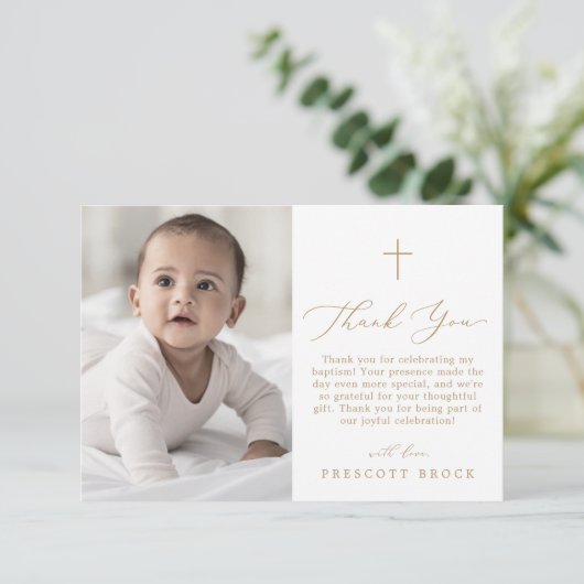 Delikates Gold Foto Minimal einfache Cross-Baptism Dankeskarte (Stehend Vorderseite)