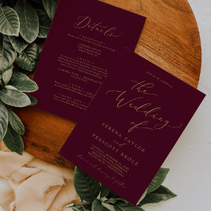 Delikates Gold und Burgund auf einer Hochzeit Einladung