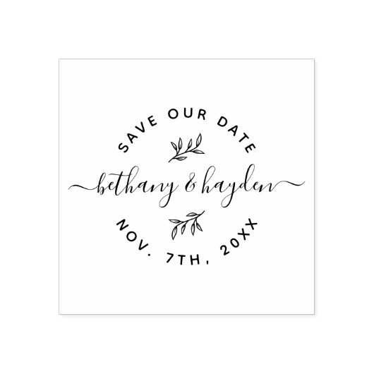 Delikates Leaf & Rustikales Skript | SAVE THE DATE Gummistempel (Prägung)
