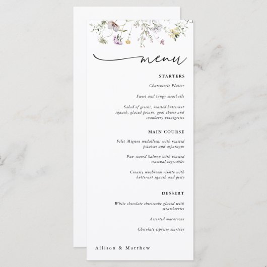 Delikates Menü mit Lila Wildblume Menükarte (Vorne/Hinten)