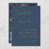 Delikates Navy Blue Gold QR Code UAWG Wedding Foto Einladung (Vorne/Hinten)