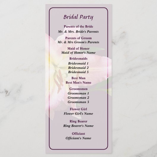 Delikates Pink Lilies Wedding Program Programm (Rückseite)