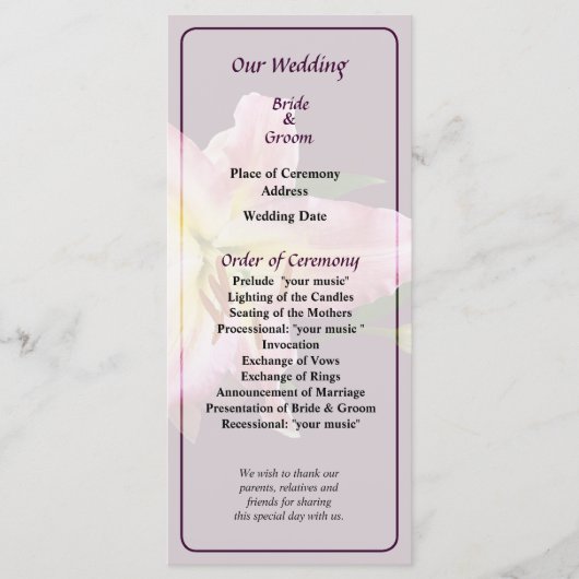 Delikates Pink Lilies Wedding Program Programm (Vorderseite)