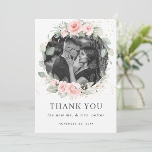 Delikates Rosa Blumenreath Hochzeitsfeier Foto Dankeskarte (Stehend Vorderseite)