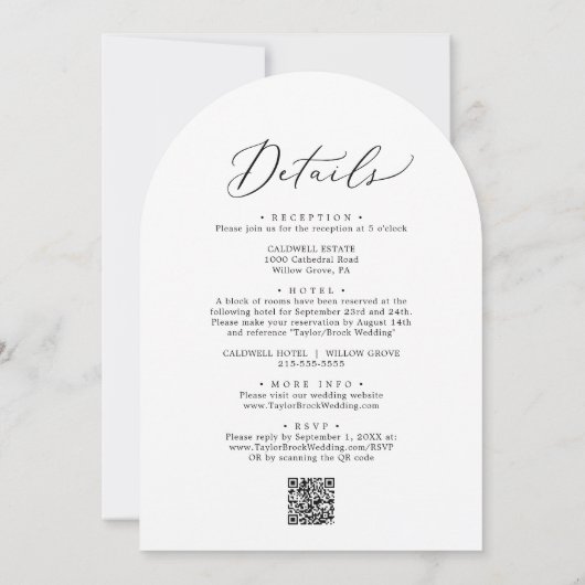 Delikates Schwarz in einem QR-Code-Arch-Hochzeit Einladung (Rückseite)