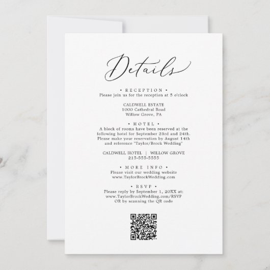 Delikates schwarzes Elegant in einem QR-Code Hochz Einladung (Rückseite)