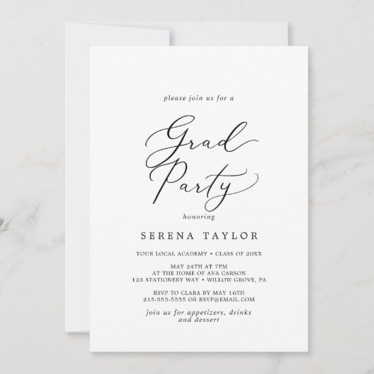 Delikates Schwarzkalligraphie-Grad-Party Einladung (Vorderseite)