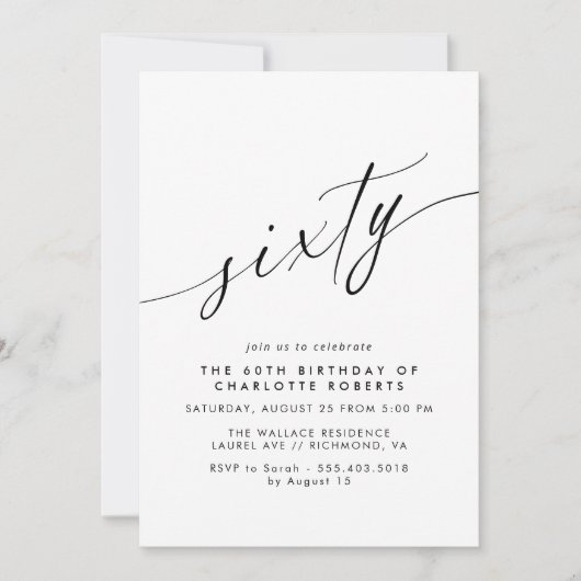 Delikates Script Einfach Schwarz & Weiß 60. Geburt Einladung (Vorderseite)