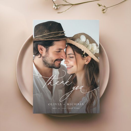 Delikates Script Simple Foto Wedding Dankeskarte