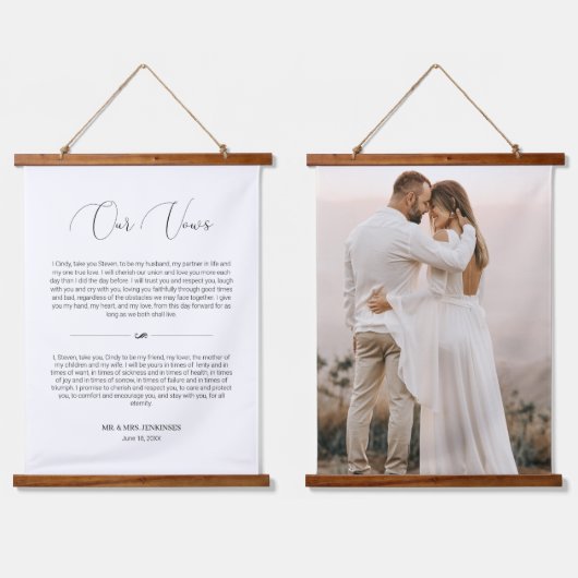 Delikates Script Wedding Vows Anniversary Foto Wandteppich Mit Holzrahmen (Doppelt)