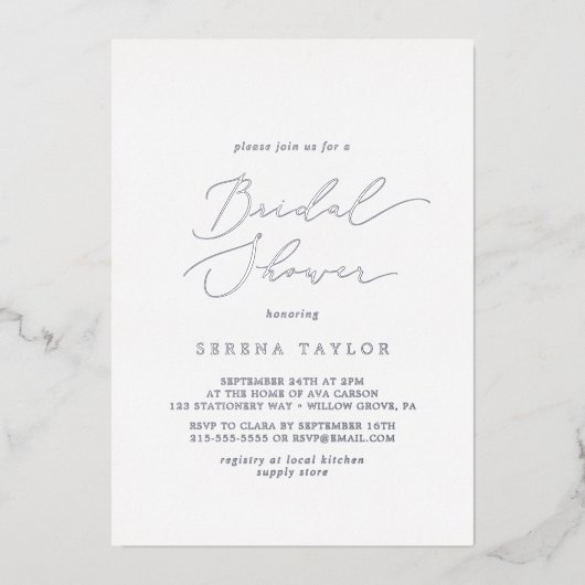 Delikates Silver Foil Calligrafy Brautparty Folieneinladung (Vorderseite)