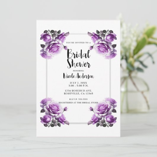 Delikates Vibranate Lila Rose Brautparty Einladung (Stehend Vorderseite)