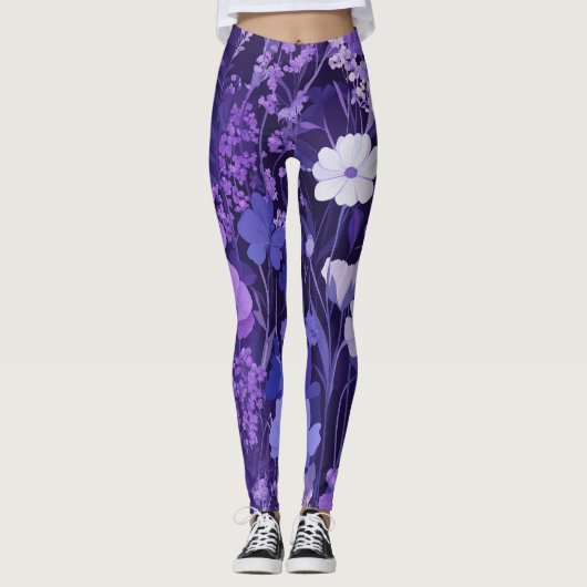 Delikates violettes Blütenmuster 🌸 dunklen Hinter Leggings (Vorderseite)